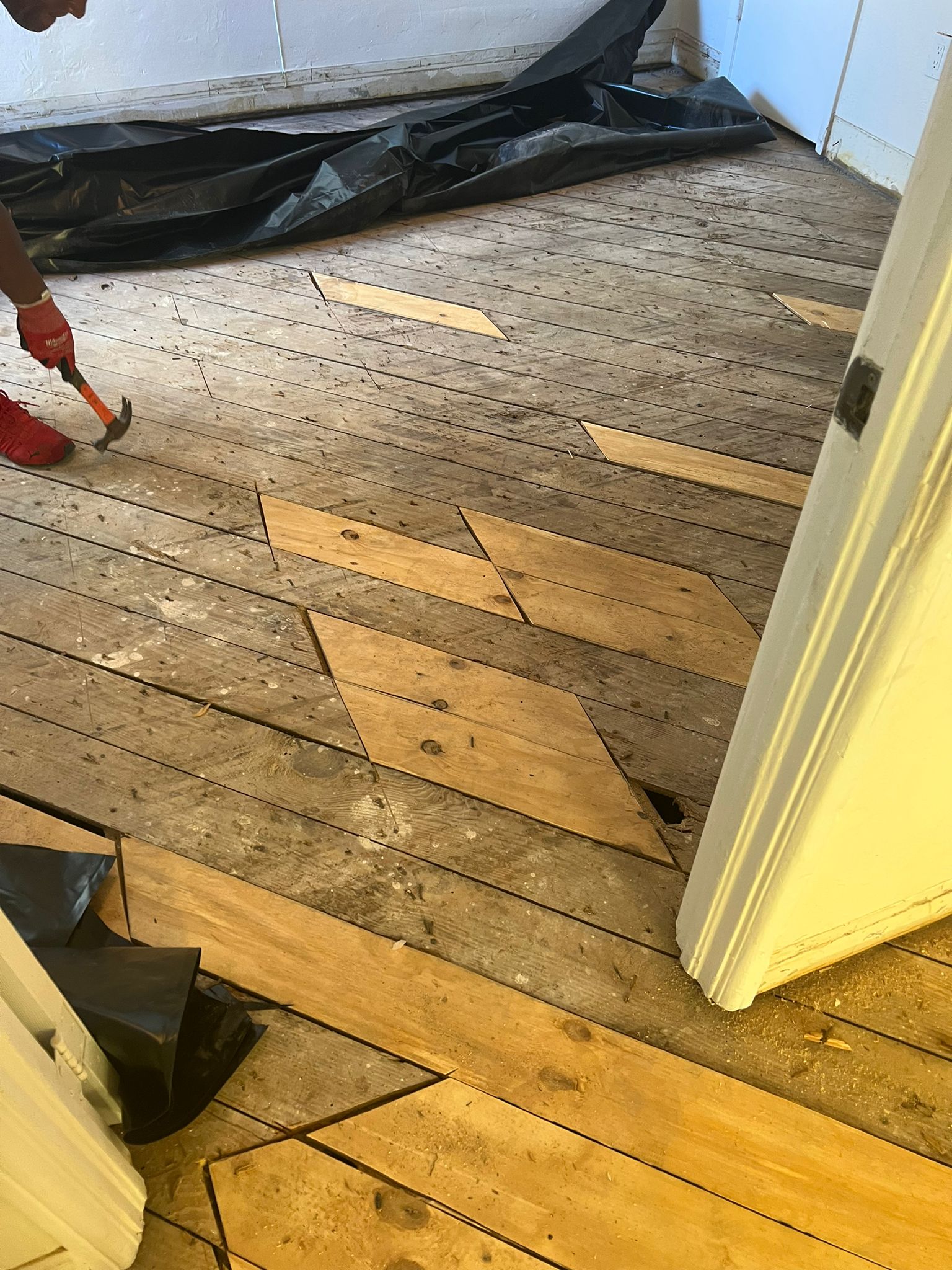 New wood subfloor sections being fitted to replace areas damaged by past termite activity, Miami Beach