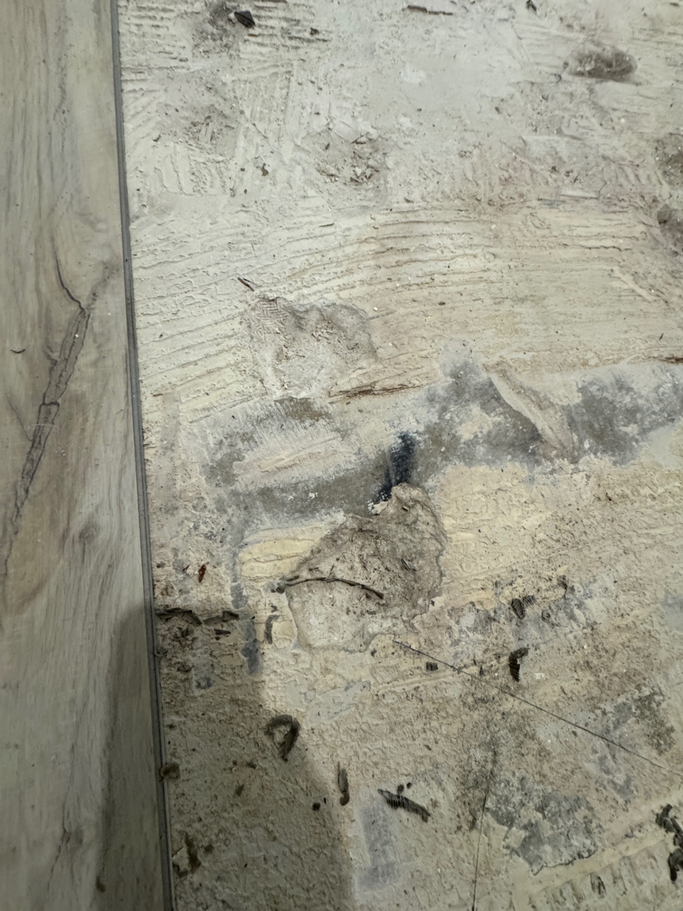 Close-up of exposed subfloor and installation residue during correction of a previous flooring installation.