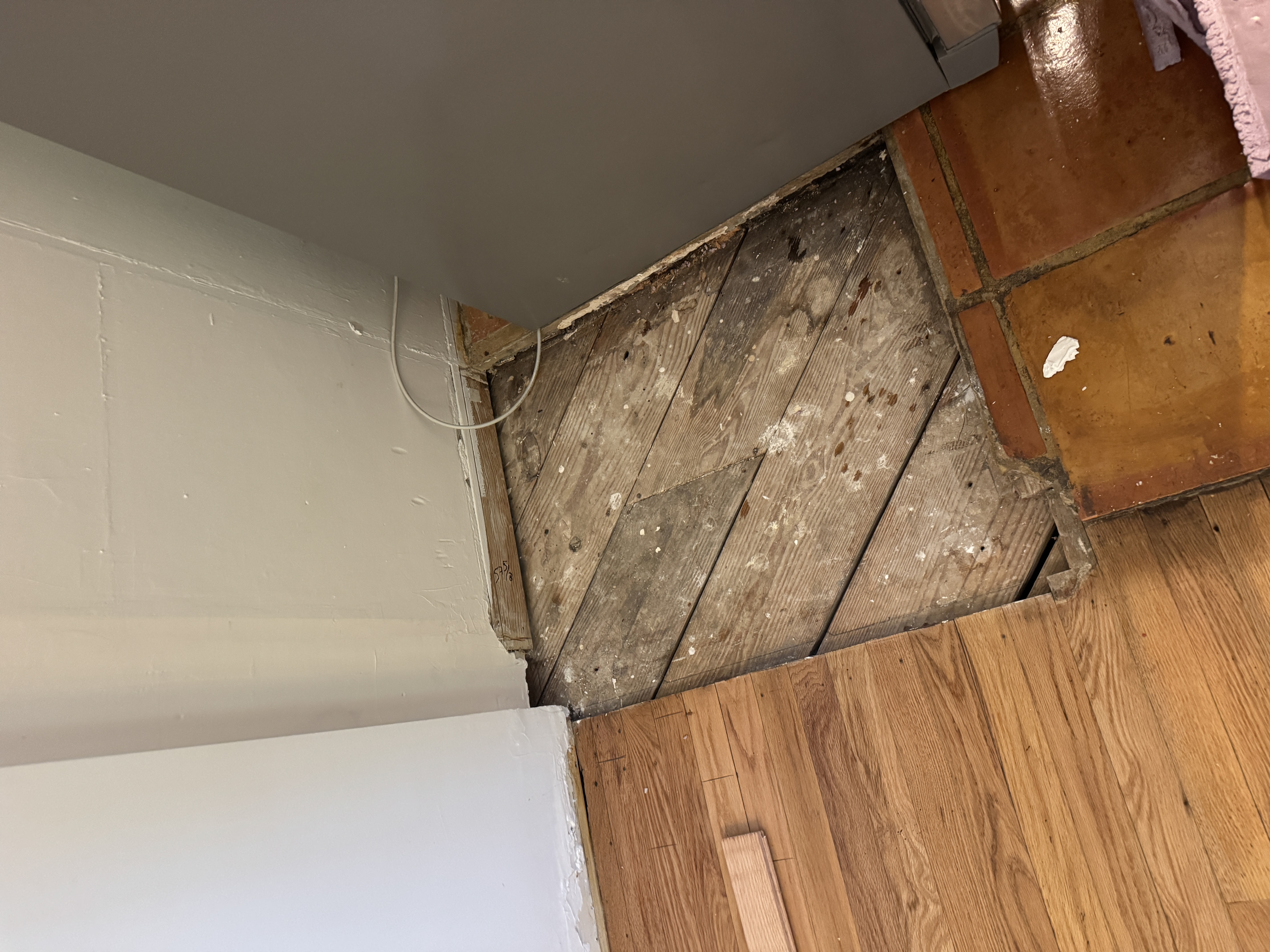 Close-up of exposed subfloor and terracotta tile transition before hardwood floor repair.
