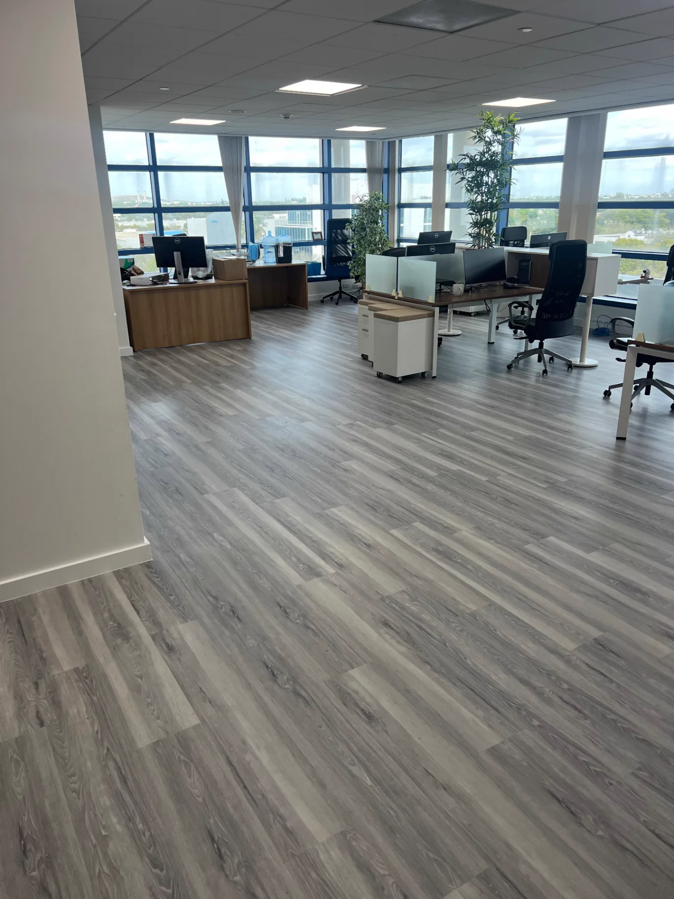Commercial wood-look flooring installed by Colors Wood Floor Corp across a Miami corporate office — one of several commercial installations shown in this portfolio.