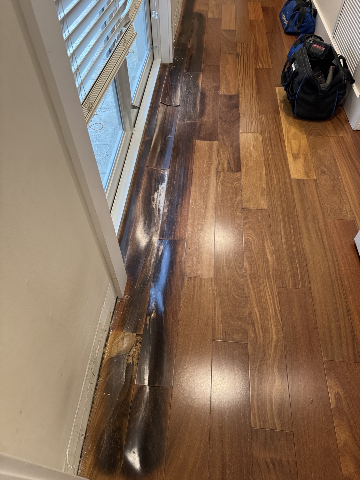Darkened and deteriorated solid wood flooring identified for repair.