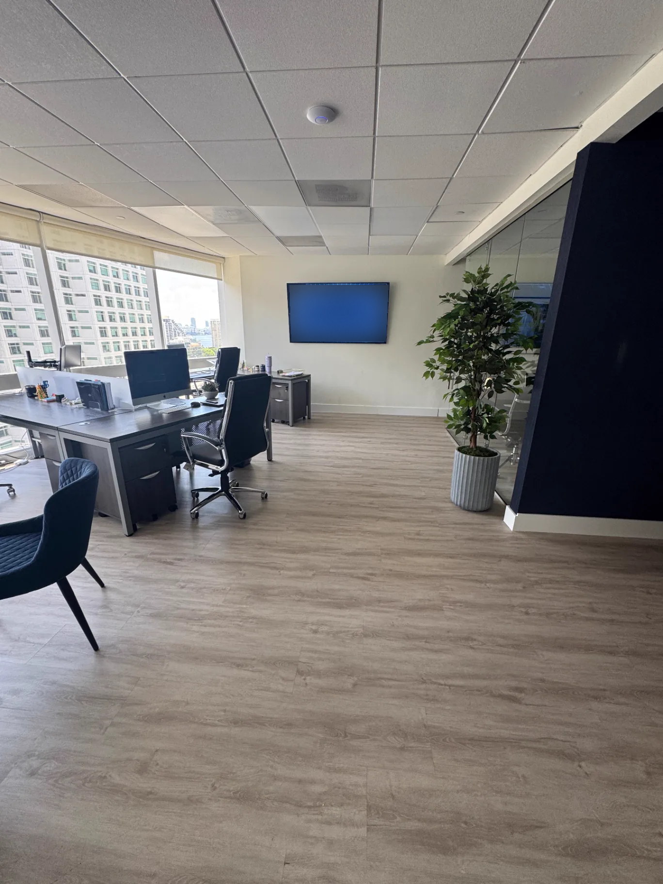 Office workstation area in Miami with light wood-look commercial flooring installed by Colors Wood Floor Corp, desks and windows.