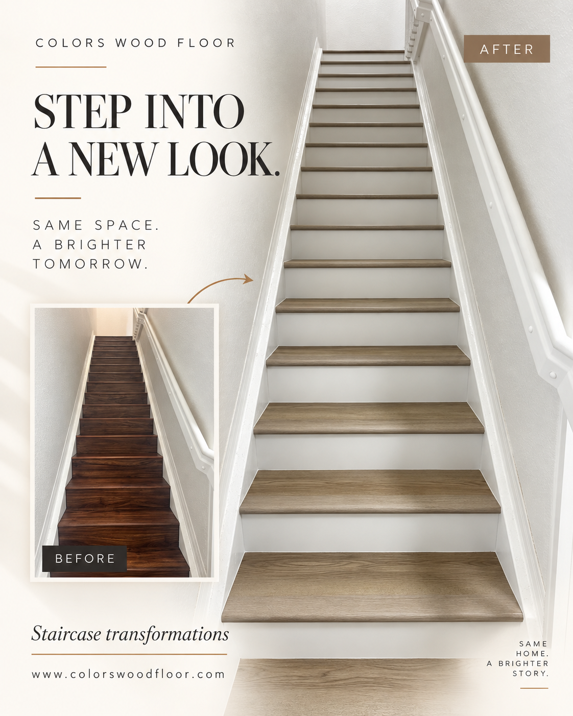 Before and after staircase transformation from dark wood to light vinyl LVP by Colors Wood Floor