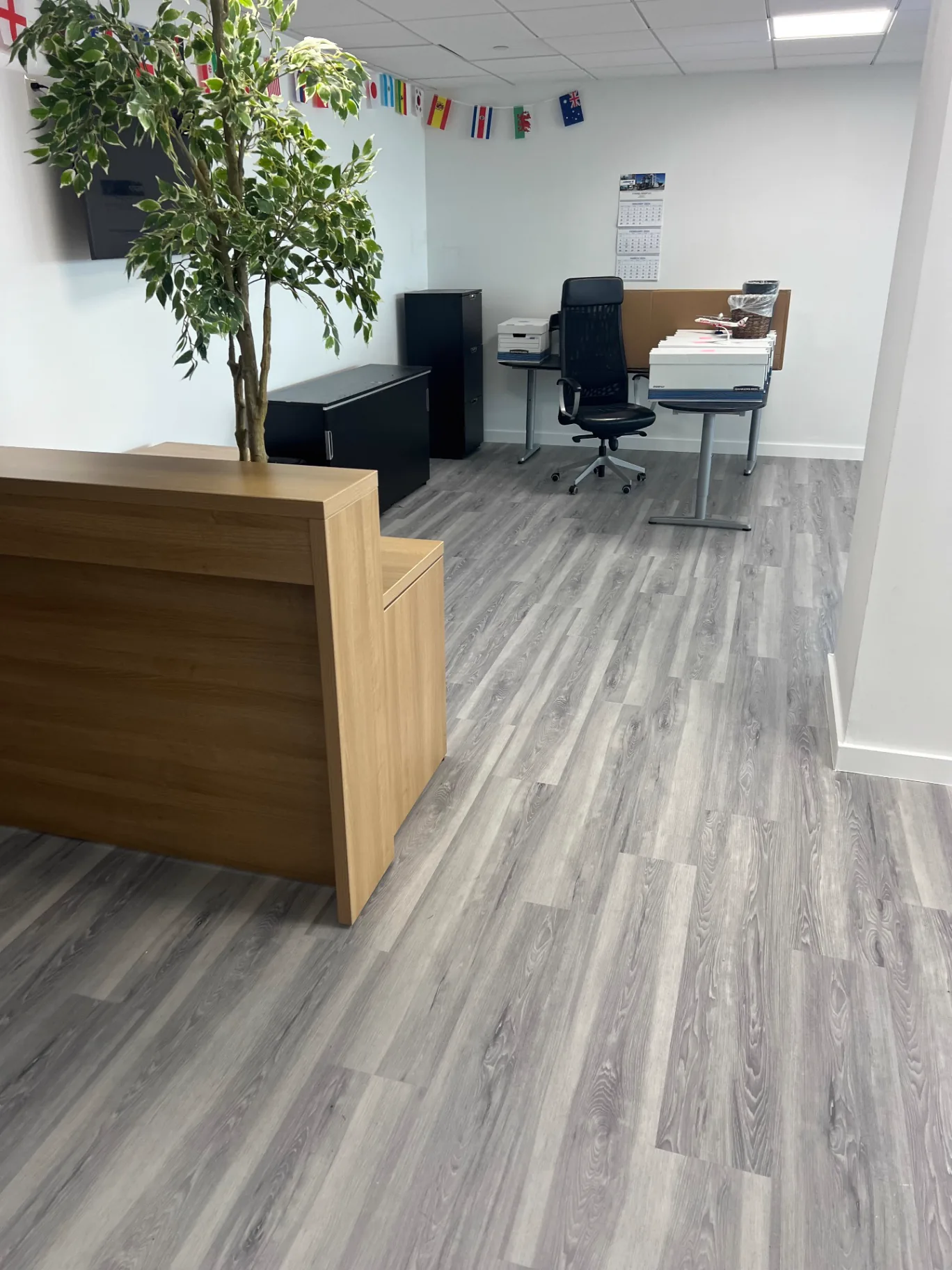 Corporate office reception area in Miami with light gray wood-look commercial flooring installed by Colors Wood Floor Corp.
